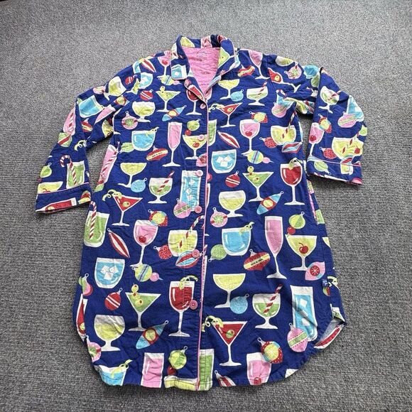 Nick and Nora Night Shirt Gown Large Blue‎ Christmas Martini Flannel Pockets - Picture 1 of 14
